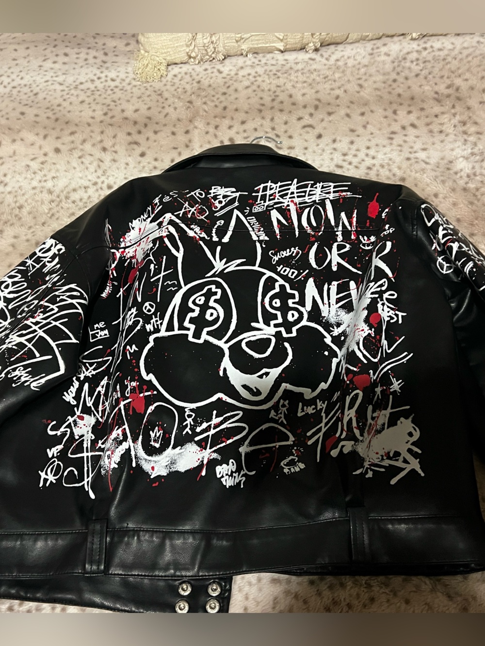 Black Graffiti Bunny Graphic Leather Jacket